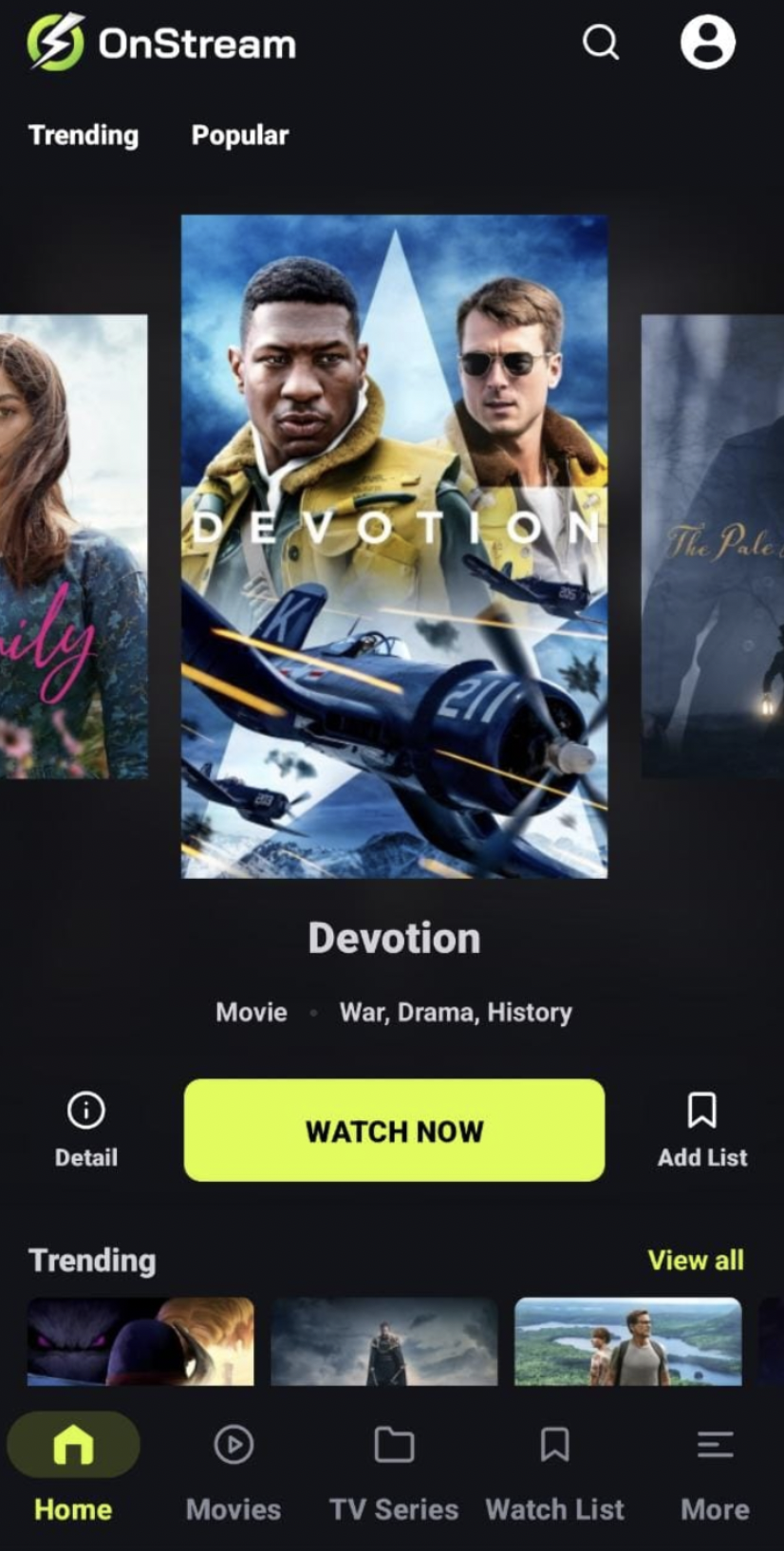 OnStream UI of Movies and TV Shows on iOS